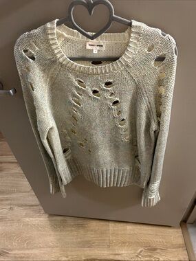 Bloomingdale’s Sunset + Spring Open-Stitch Crewneck Metallic Sweater in Cream